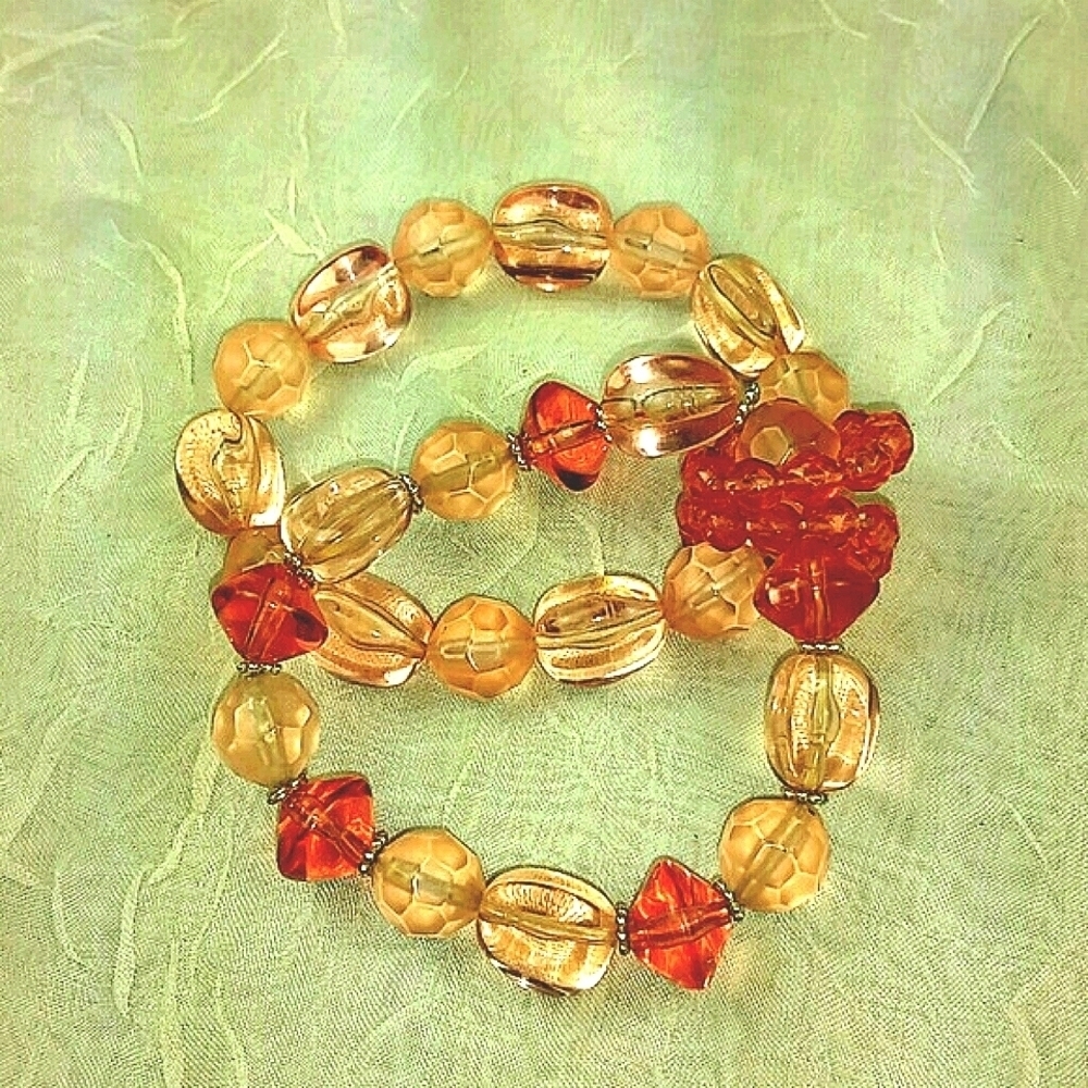 Vintage Glass Bead Stretch Bracelet Set Amber Pink 2-Strand Boho Y2K Retro Jewel